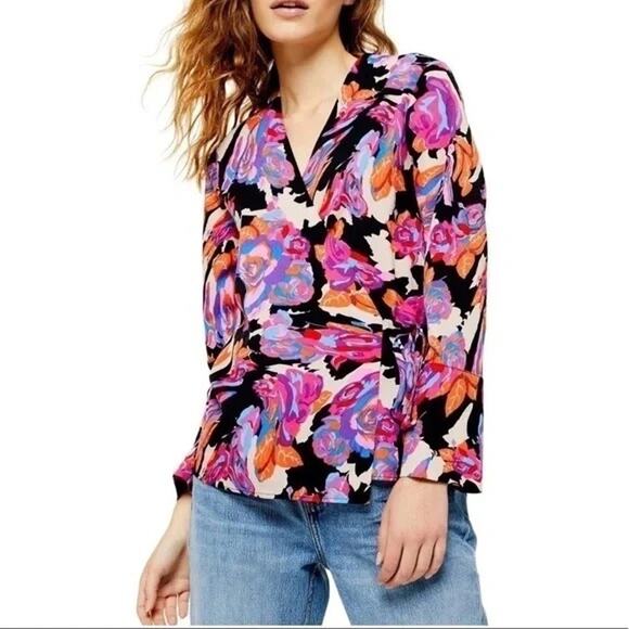 Topshop Colorful Floral Tied Wrapped Blouse Sz 6 - Picture 1 of 9